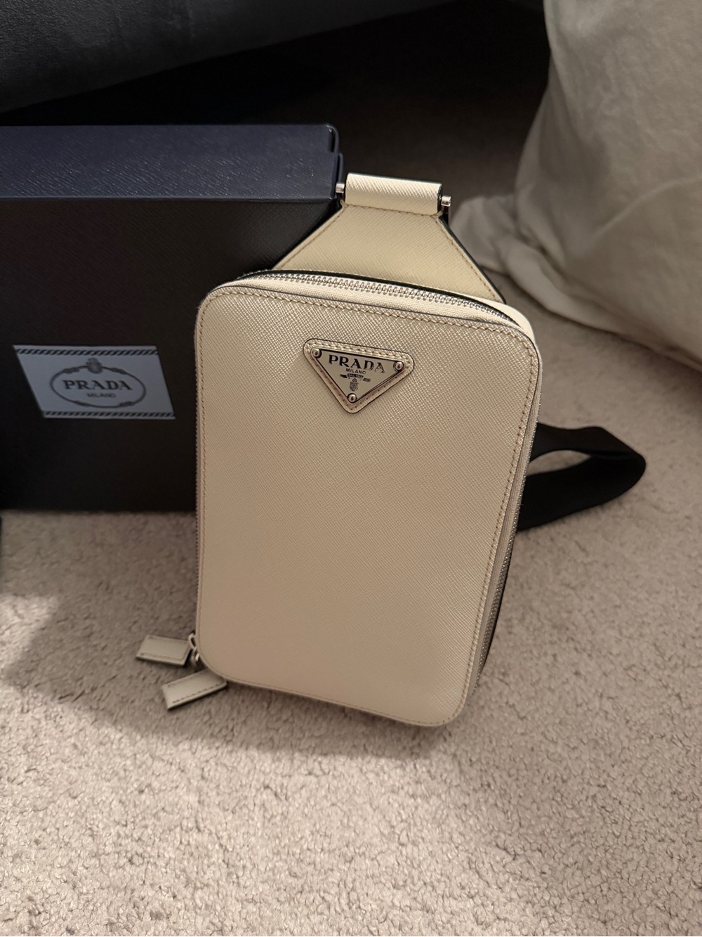 Prada Cream Saffiano Leather Belt Bag with Silver Logo